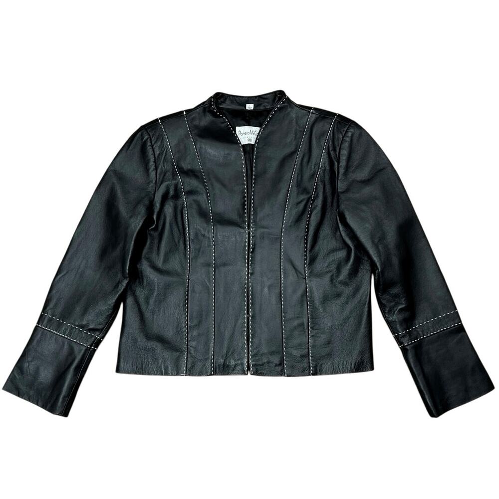 Pamela McCoy Black Leather Jacket Contrast White Stitch Hook & Eye Cropped - L